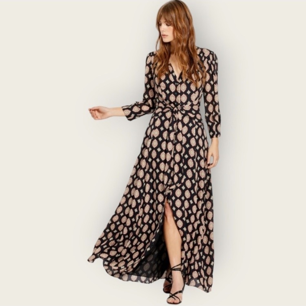 Nicholas Noura Maxi Dress Size 4 Casablanca Black Tan‎ Silk Button Up Tie Front